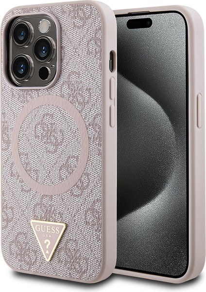 Apple iPhone 14 Pro Max Kılıf Guess Lisanslı Magsafe Şarj Özellikli Pu Üçgen Logo 4g Desenli Kapak Pembe