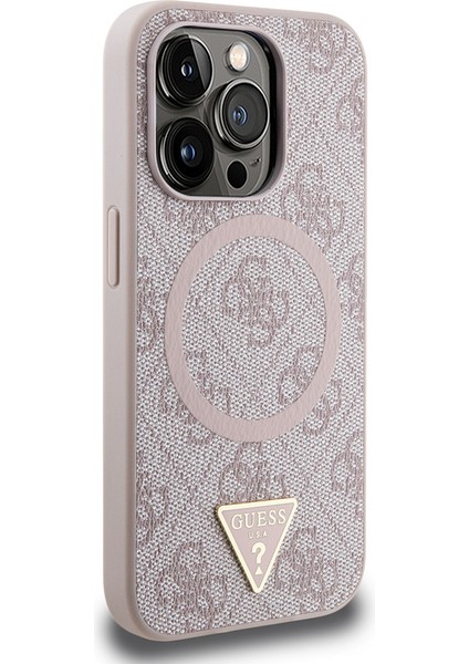 Apple iPhone 14 Pro Max Kılıf Guess Lisanslı Magsafe Şarj Özellikli Pu Üçgen Logo 4g Desenli Kapak Pembe modelleri