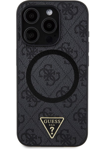 Apple iPhone 15 Pro Kılıf Guess Lisanslı Magsafe Şarj Özellikli Pu Üçgen Logo 4g Desenli Kapak Siyah