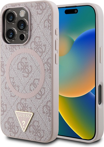 Apple iPhone 16 Pro Max Kılıf Guess Lisanslı Magsafe Şarj Özellikli Pu Üçgen Logo 4g Desenli Kapak Pembe