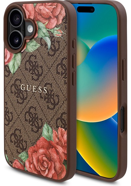 Apple iPhone 16 Plus Kılıf Guess Lisanslı Magsafe Şarj Özellikli Gül Baskılı Yazı Logolu Kapak Kahverengi