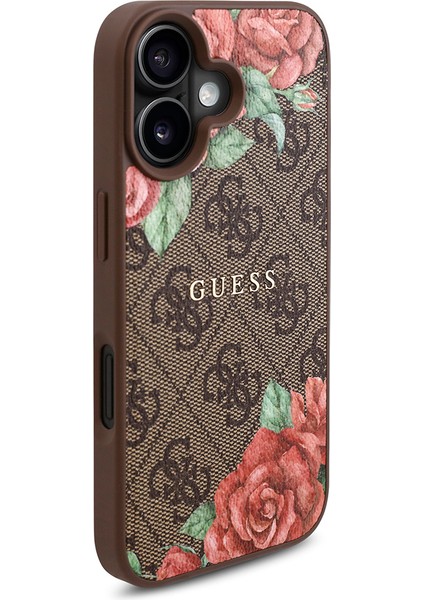 Apple iPhone 16 Plus Kılıf Guess Lisanslı Magsafe Şarj Özellikli Gül Baskılı Yazı Logolu Kapak Kahverengi modelleri