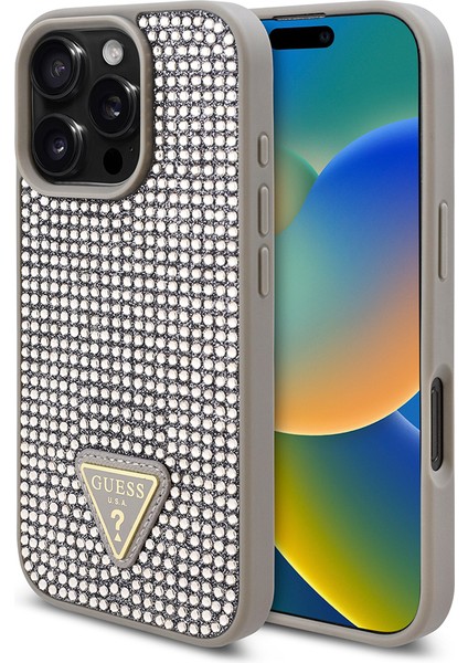 Apple iPhone 16 Pro Max Kılıf Guess Orjinal Lisanslı Üçgen Logolu Taşlı Kapak Gümüş