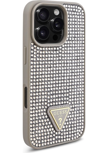 Apple iPhone 16 Pro Max Kılıf Guess Orjinal Lisanslı Üçgen Logolu Taşlı Kapak Gümüş modelleri
