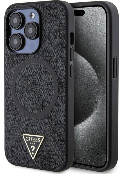 Apple iPhone 14 Pro Max Kılıf Guess Lisanslı Magsafe Şarj Özellikli Pu Üçgen Logo 4g Desenli Kapak Siyah