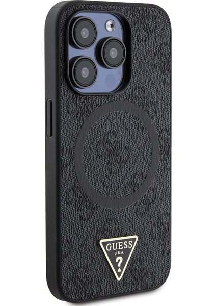 Apple iPhone 14 Pro Max Kılıf Guess Lisanslı Magsafe Şarj Özellikli Pu Üçgen Logo 4g Desenli Kapak Siyah modelleri