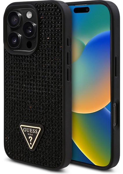 Apple iPhone 16 Pro Kılıf Guess Orjinal Lisanslı Üçgen Logolu Taşlı Kapak Siyah