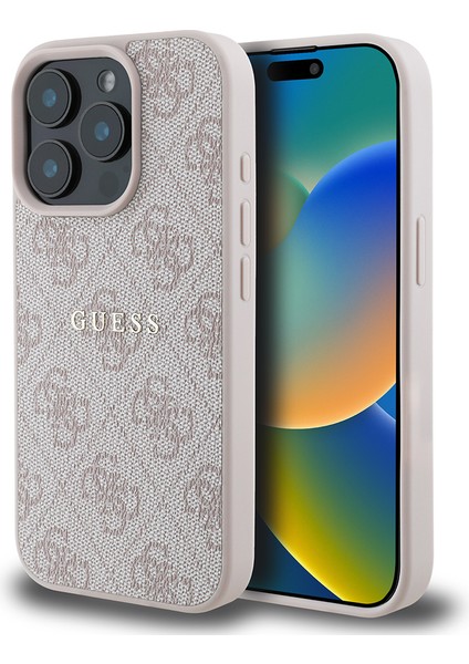 Apple iPhone 15 Pro Max Kılıf Guess Lisanslı Magsafe Şarj Özellikli 4g Desen Yazı Logolu Kapak Pembe