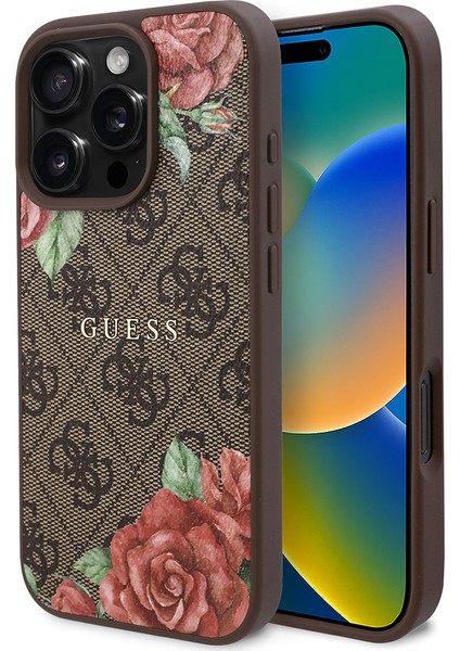Apple iPhone 16 Pro Max Kılıf Guess Lisanslı Magsafe Uyumlu Gül Baskılı 4g Desenli Yazı Logolu Kahverengi