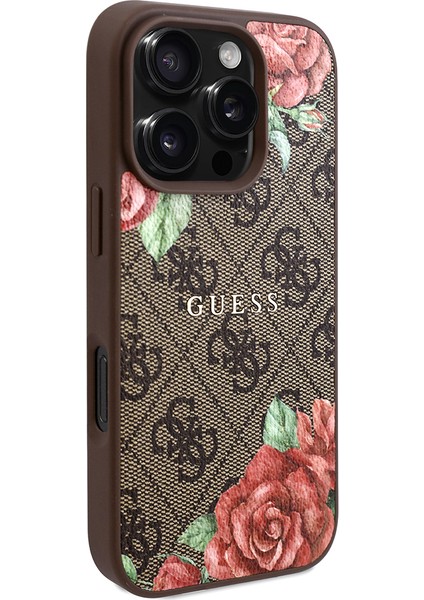 Apple iPhone 16 Pro Max Kılıf Guess Lisanslı Magsafe Uyumlu Gül Baskılı 4g Desenli Yazı Logolu Kahverengi modelleri
