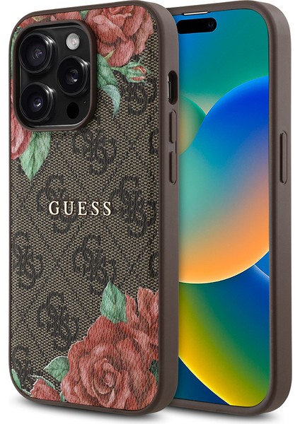 Apple iPhone 14 Pro Kılıf Guess Lisanslı Magsafe Şarj Özellikli Gül Baskılı Yazı Logolu Kapak Kahverengi