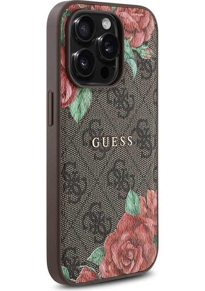 Apple iPhone 14 Pro Kılıf Guess Lisanslı Magsafe Şarj Özellikli Gül Baskılı Yazı Logolu Kapak Kahverengi modelleri