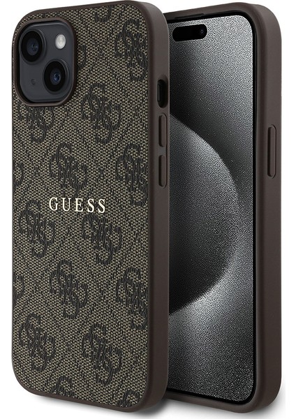 Apple iPhone 15 Kılıf Guess Orjinal Lisanslı Magsafe Şarj Özellikli 4g Desen Yazı Logolu Kapak Kahverengi