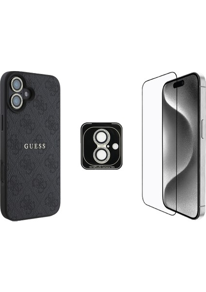 Apple iPhone 16 Plus Guess Orjinal Lisanslı 3'lü Aksesuar Seti Kılıf-Ekran Koruyucu-Lens Koruyucu Siyah