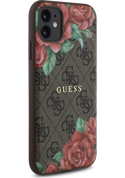 iPhone 11 Kılıf Guess Lisanslı Magsafe Uyumlu Gül Baskılı 4g Desenli Yazı Logolu Kapak Kahverengi modelleri