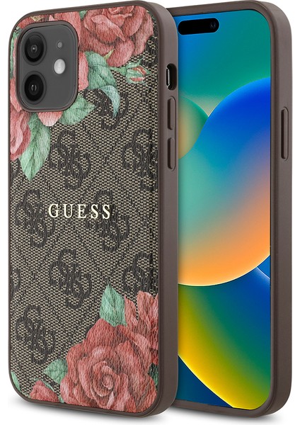 Apple iPhone 12 Kılıf Guess Lisanslı Magsafe Şarj Özellikli Gül Baskılı 4g Desenli Yazı Logolu Kahverengi