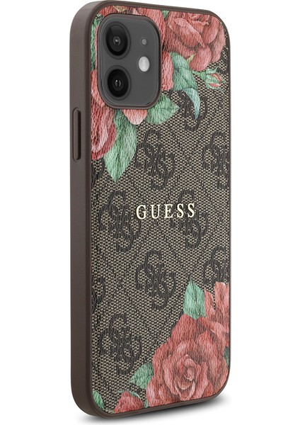 Apple iPhone 12 Kılıf Guess Lisanslı Magsafe Şarj Özellikli Gül Baskılı 4g Desenli Yazı Logolu Kahverengi modelleri