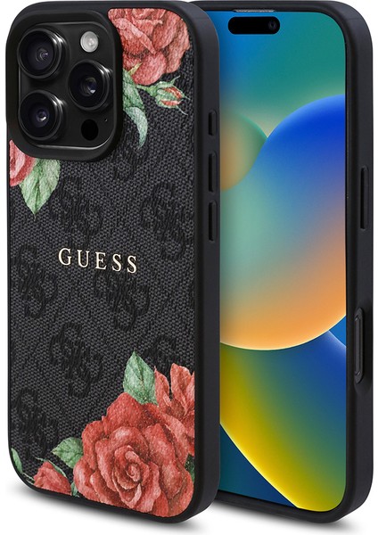 Apple iPhone 16 Pro Kılıf Guess Lisanslı Magsafe Şarj Özellikli Gül Baskılı 4g Desenli Yazı Logolu Siyah
