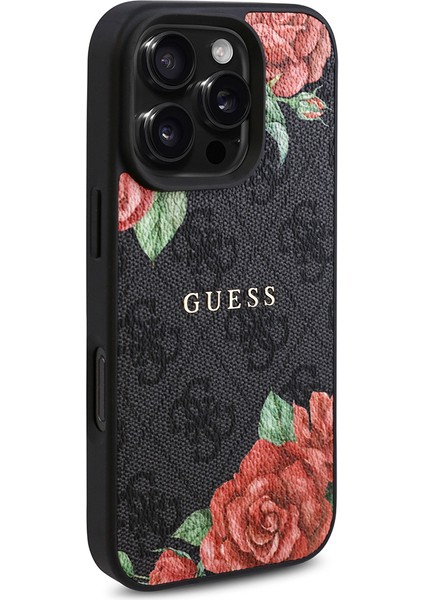 Apple iPhone 16 Pro Kılıf Guess Lisanslı Magsafe Şarj Özellikli Gül Baskılı 4g Desenli Yazı Logolu Siyah modelleri