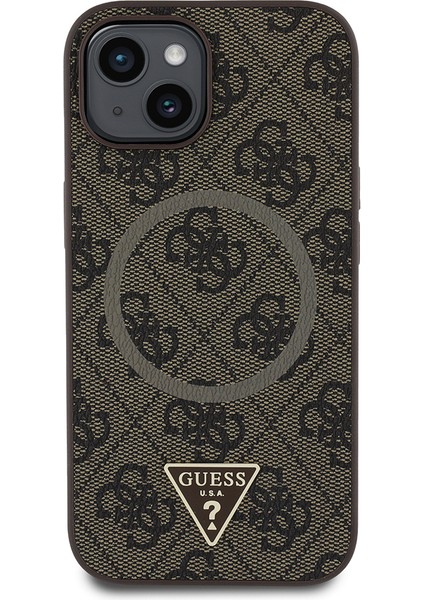 Apple iPhone 15 Kılıf Guess Lisanslı Magsafe Şarj Özellikli Pu Üçgen Logo 4g Desenli Kapak Kahverengi fiyatları