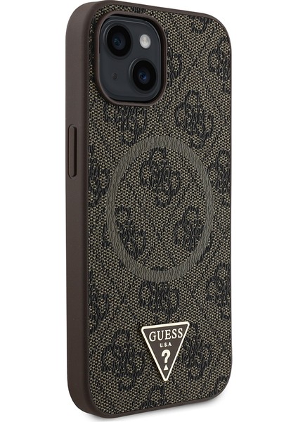 Apple iPhone 15 Kılıf Guess Lisanslı Magsafe Şarj Özellikli Pu Üçgen Logo 4g Desenli Kapak Kahverengi modelleri