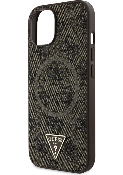 Apple iPhone 15 Kılıf Guess Lisanslı Magsafe Şarj Özellikli Pu Üçgen Logo 4g Desenli Kapak Kahverengi fırsatları