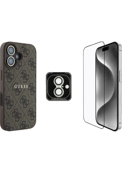 Apple iPhone 16 Plus Guess Lisanslı 3'lü Aksesuar Seti Kılıf-Ekran Koruyucu-Lens Koruyucu Kahverengi