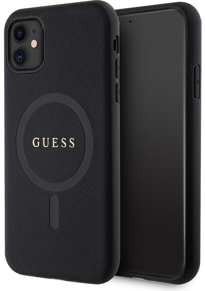 iPhone 11 Kılıf Guess Lisanslı Magsafe Şarj Özellikli Yazı Logolu Saffiano Classic Kapak Siyah