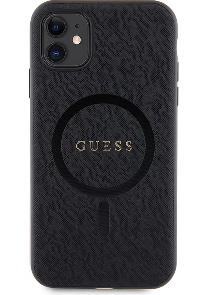 iPhone 11 Kılıf Guess Lisanslı Magsafe Şarj Özellikli Yazı Logolu Saffiano Classic Kapak Siyah