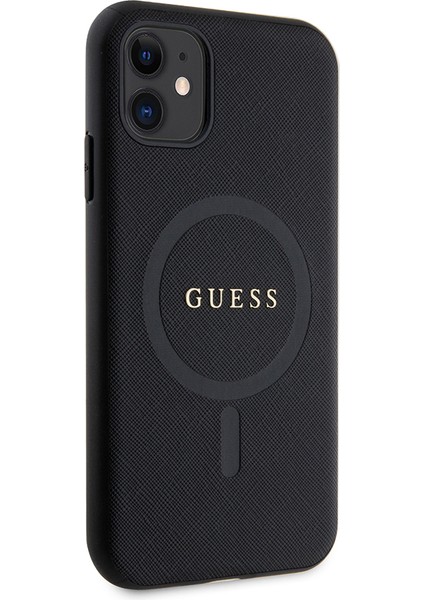 iPhone 11 Kılıf Guess Lisanslı Magsafe Şarj Özellikli Yazı Logolu Saffiano Classic Kapak Siyah