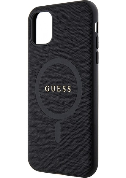 iPhone 11 Kılıf Guess Lisanslı Magsafe Şarj Özellikli Yazı Logolu Saffiano Classic Kapak Siyah