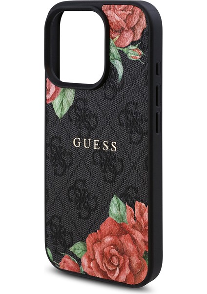 Apple iPhone 15 Pro Kılıf Guess Lisanslı Magsafe Şarj Özellikli Gül Baskılı 4g Desenli Yazı Logolu Siyah