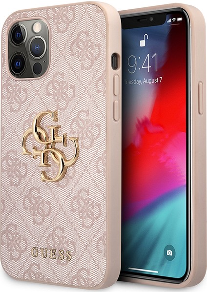 Apple iPhone 12 Pro Max Kılıf Guess Orjinal Lisanslı Pu Deri Büyük Metal Logo Dizaynlı Kapak Pembe