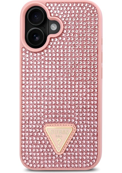 Apple iPhone 16 Kılıf Guess Orjinal Lisanslı Üçgen Logolu Taşlı Kapak Pembe