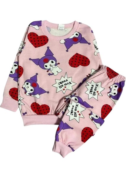 Kız Çocuk Iki Iplik Pembe Kuromi Kalp Desenli Uzun Kollu Pijama Takımı