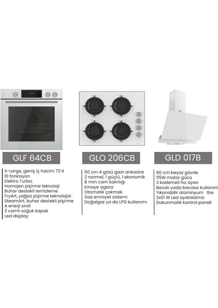 Steamart Beyaz Ankastre Set Buhar Destekli (Gld 017B-GLF 64CB-GLO 206CB)