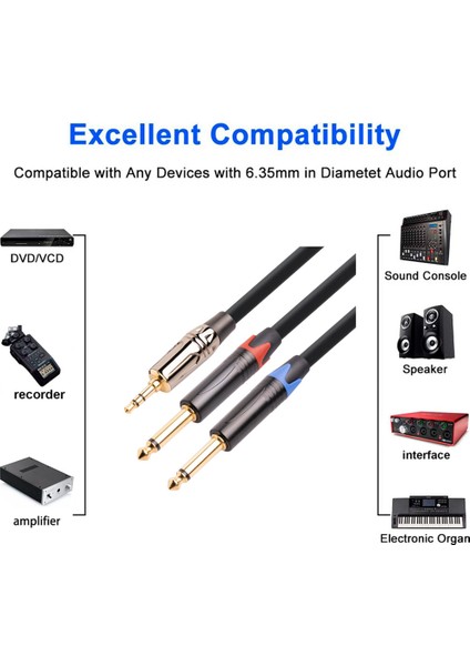 3,5 mm - Çift 6,5 mm Adaptör Jakı Ses Kablosu Çift 6,35 mm Erkek 1/4 Inç Mono Jack - Stereo 1/8 Inç 3,5 mm Aux Kablosu, 1 M (Yurt Dışından) fırsatları