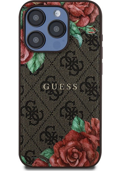Apple iPhone 15 Pro Max Kılıf Guess Lisanslı Magsafe Uyumlu Gül Baskılı 4g Desenli Yazı Logolu Kahverengi