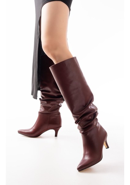 Ceylinmoda SR-2001 Bordo Ince Topuklu Günlük Bayan Çizme