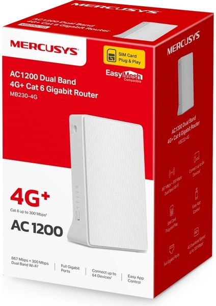MB230-4G, AC1200MBPS, Mobil Uygulama Destekli, 64 Cihaza Kadar Bağlantı, Sım Kart Girişli, 2 Adet Ethernet Portlu, Dual-Band Cat 6 4g+ Lte Router