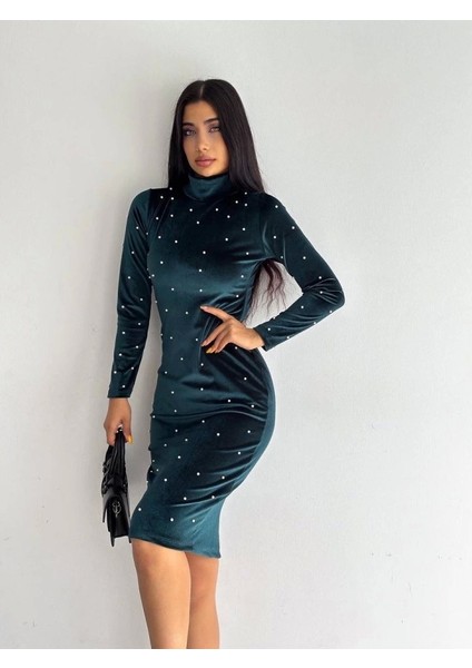 Kadın Balıkçı Yaka Inci Detay Fırsat Ürün Kadife Kumaş Mini Elbise fiyatları