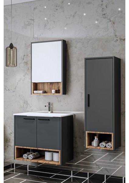 Banyo Karanfil 80 cm Antrasit Banyo Dolabı+Ayna+Lavabo+Boy Dolabı