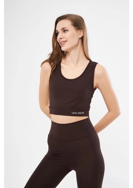 Kolsuz Sporcu Baskılı Crop - Kahve