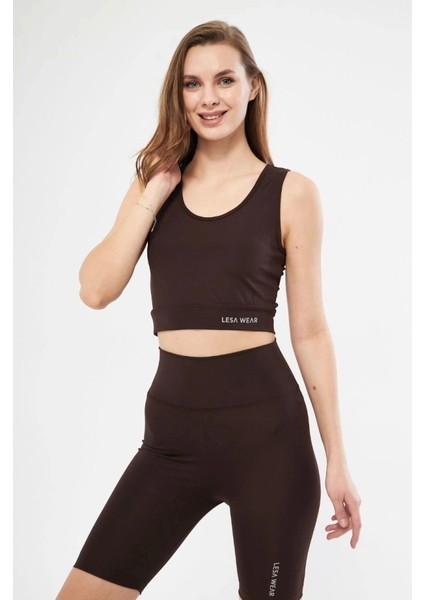 Kolsuz Sporcu Baskılı Crop - Kahve