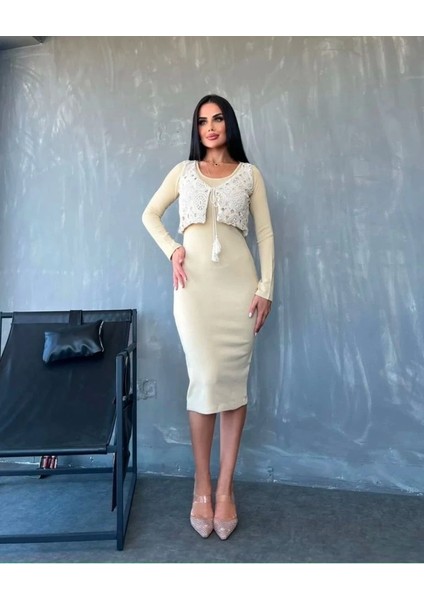 Kadın Bisiklet Yaka Midi Boy Elbise ve Dantel Güpür Detay Yelek Fırsat Ürün Ikili Takım fiyatları