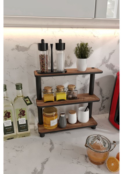Dekoratif 3 Katlı Tezgah Üstü Raf 11 cm x 40 cm Madran Ceviz