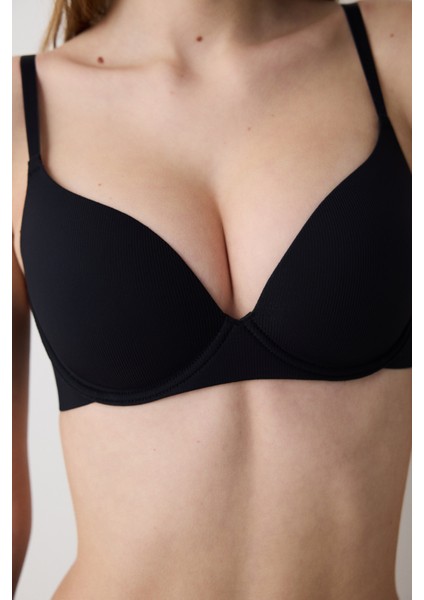 Ribbed Lifting Bonding Siyah Sütyen