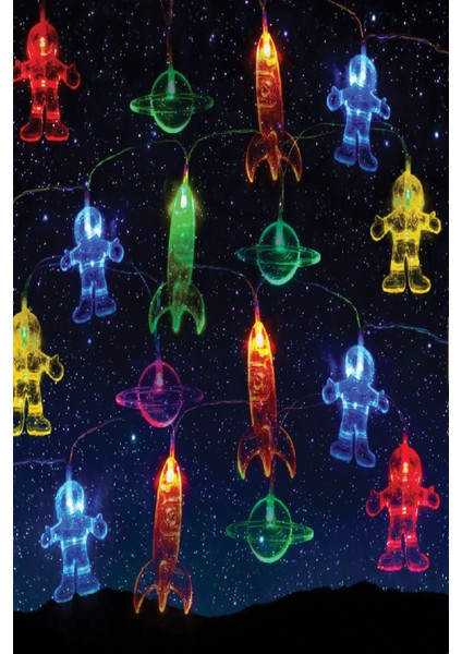 Dekoratif Çocuk Bebek Odası LED Şerit Astronot Uzay Gemisi Gezegen Temalı Pilli 10 Led'li 2 M
