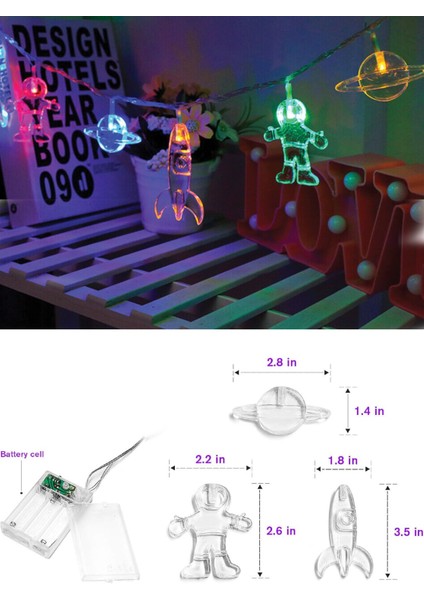 Dekoratif Çocuk Bebek Odası LED Şerit Astronot Uzay Gemisi Gezegen Temalı Pilli 10 Led'li 2 M