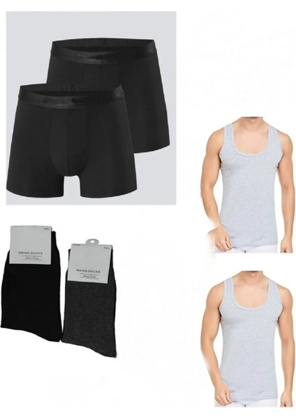 Oska Atlet - Boxer - Çorap Takımı 2 Boxer 2 Atlet 2 Çorap Toplam 6 Parça Ekonomik Iç Çamaşır Seti